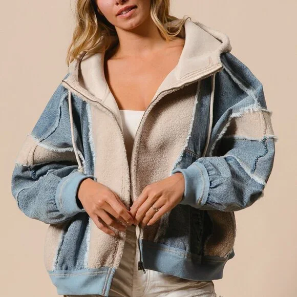 BIBI Oversized Patchwork Hoodie – Denim & Sherpa Zip Up, Streetwear Style - Picture 5 of 15